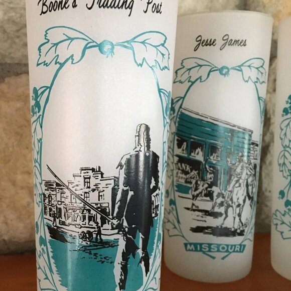 Vtg Missouri BARWARE Frosted Glass Tumblers Cowboy Western Jesse James SET OF 3 - Picture 3 of 6